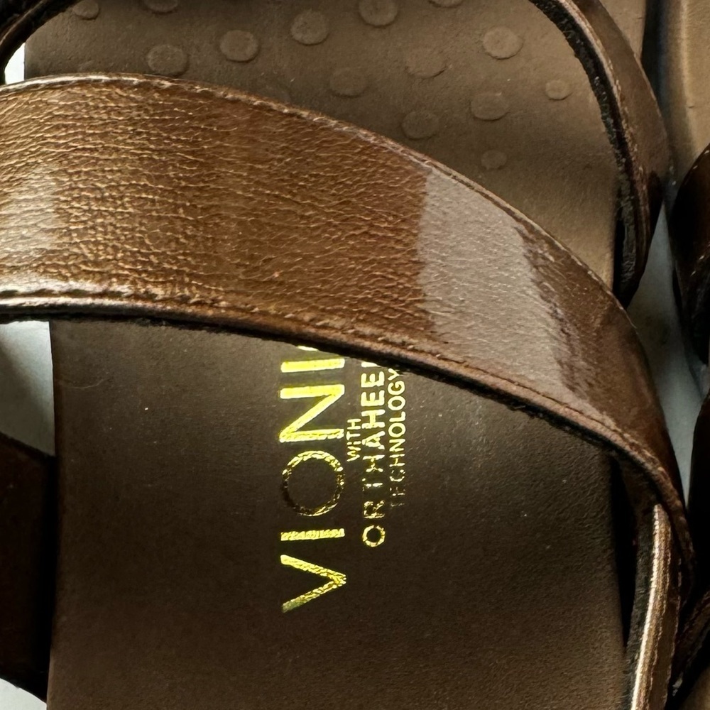 Vionic NEW Teagan 3 Strap Patent Bronze Faux Leather Adjustable Sandals Slides 8 - Picture 9 of 16